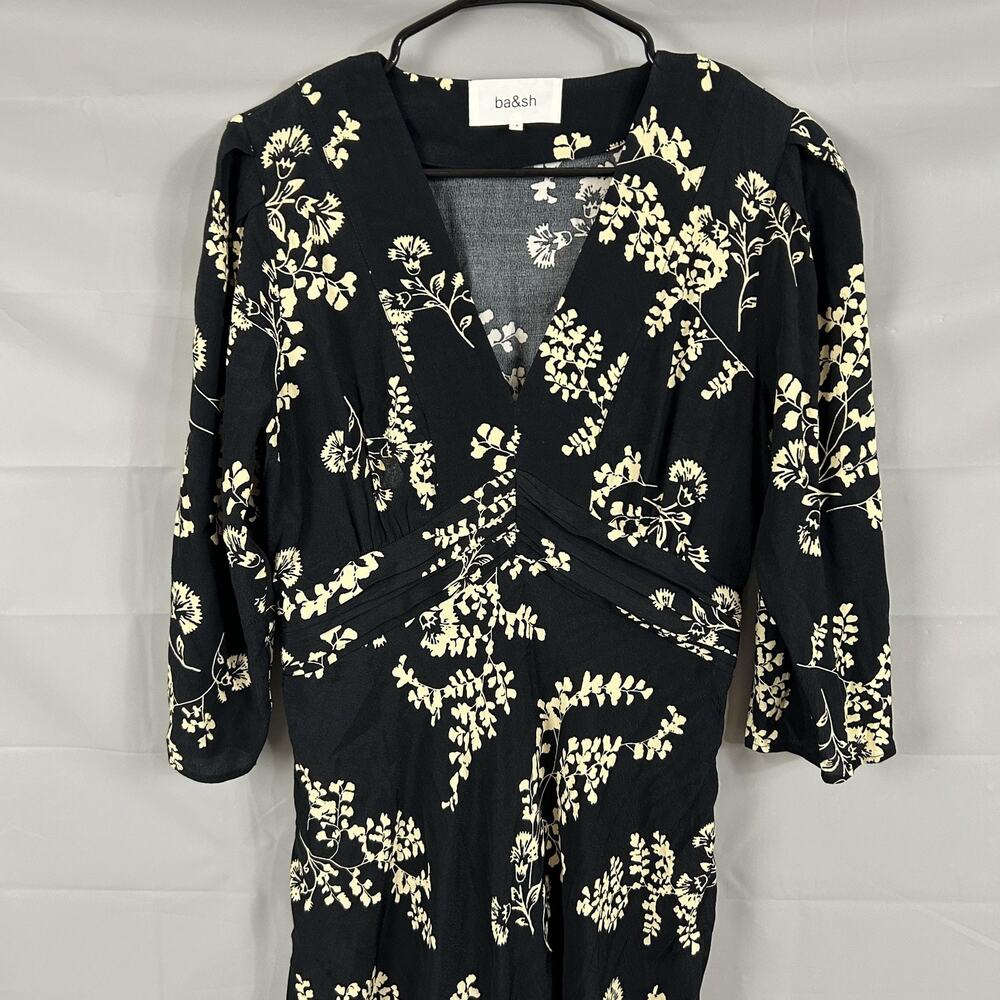 Ba&sh Dress 3 Floral Wrap Maxi Black V Neck 3/4 Sleeve Boho Chic Feminine Party - Picture 2 of 9